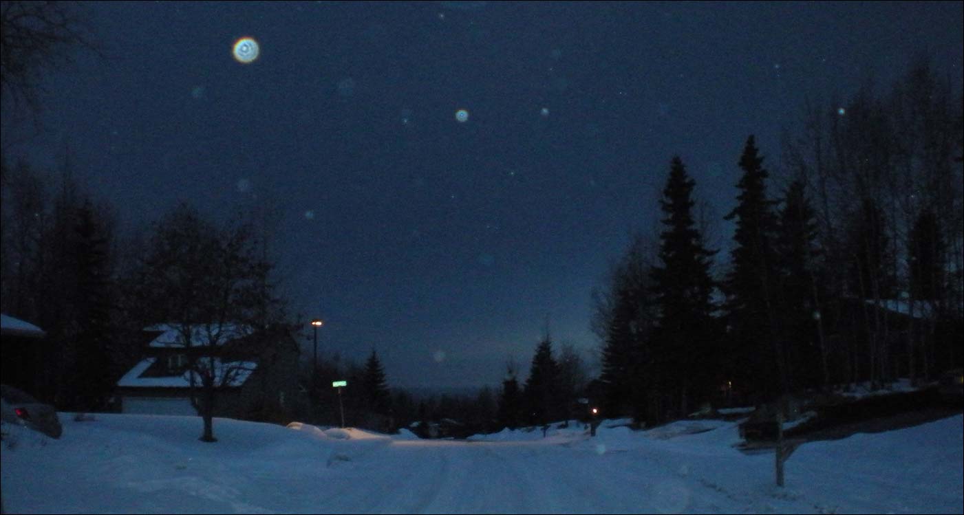 About 8:30 p.m., the streetlights are already on because the sky is so dark. My camera's flash shows how much ash is falling. The Alaska Volcano Observatory says Redoubt blew up again at 7:23 p.m., so we should get another ashfall around midnight. We're also supposed to get a snowstorm. Photo copyright 2009 by Leon Unruh.